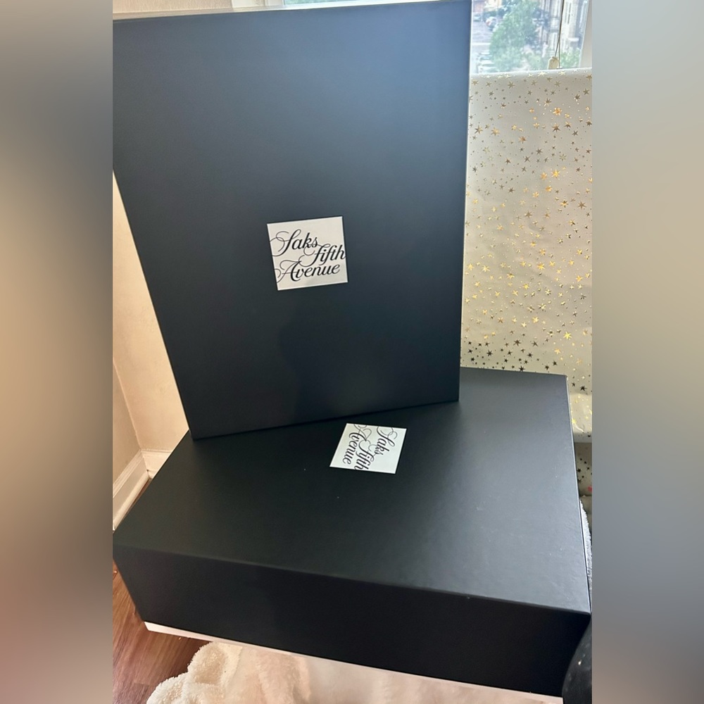 XXLarge Sak’s 5th Avenue Gift Boxes in the Classic white bottom and black top.